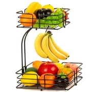 Fuleadture 2 Layer Square Fruit Basket Bowl,Fruit and Vegetable Bowl with Banana Stand for Countertop for countertop-Bronze