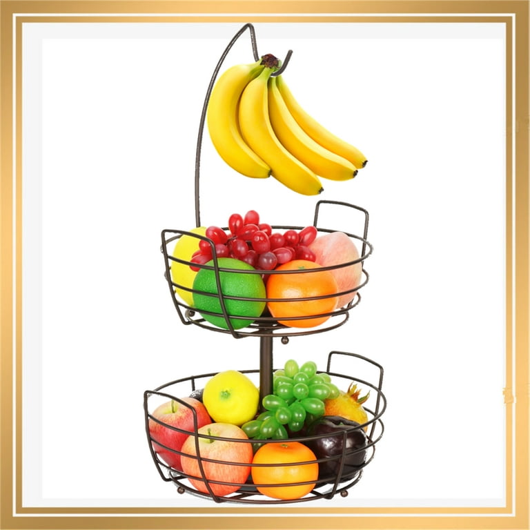 2 Tier Fruit Basket Bowl with Banana Hanger for Kitchen Countertop,  Detachable Fruit Vegetable Storage Holder Display for Kitchen