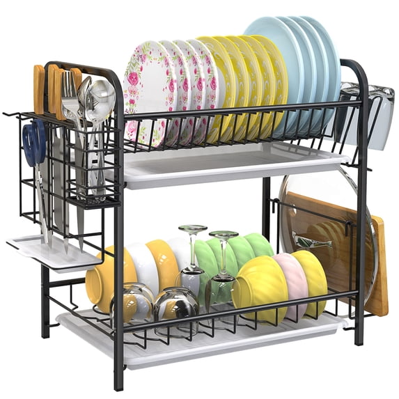 Fuleadture 2 Tier Dish Drying Rack with Drainboard, Black