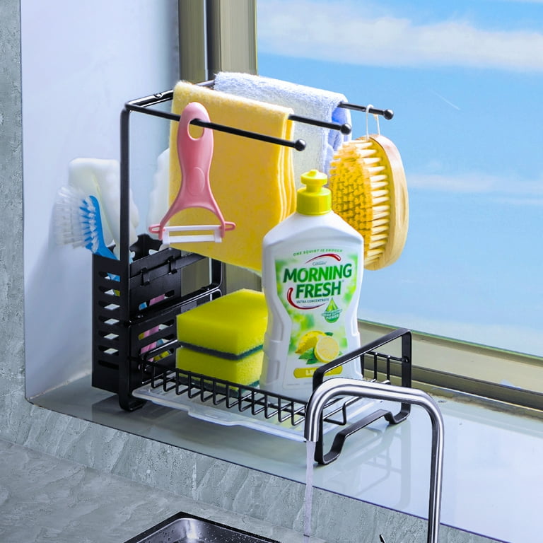 Fuleadture Sponge Holder for Sink Large Kitchen Sink Caddy Organizer Dish Rags Metal Storage Rack Black