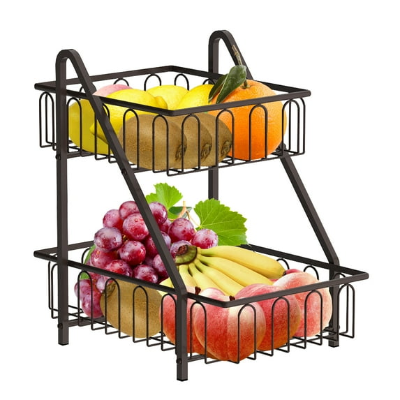 Fuleadture Two Tier Square Fruit Basket with Side Shelves (Black)