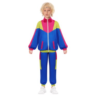 JELEUON Boys Girls Retro Hip Hop 80s Tracksuit Costume Dance Sportswear Top Pants Sets Outfit Colorblock Windbreaker Sets S