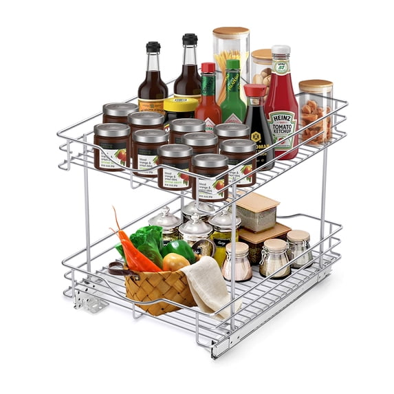 Fulgente 2 Tier Chrome Finish Pull Out Drawer Cabinet Organizer, Professional Wire Frame Shelf Heavy Duty Slide Out Kitchen Cabinets Storage Shelves, Sliding Rack for Cupboard (14"W x 18"D x 15.12''H)