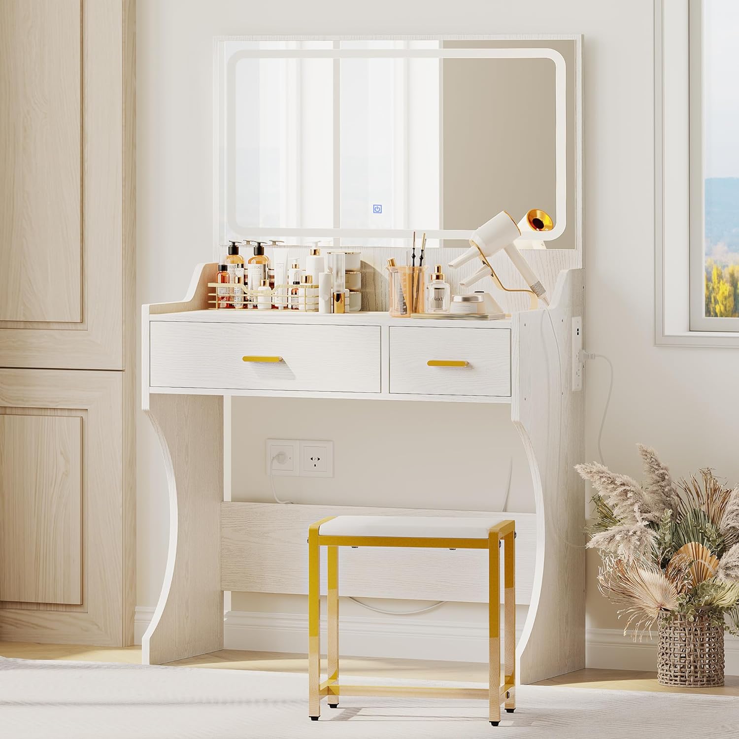 Mainstays Square Geo Metal Vanity with Mirror and Faux Fur Stool, White