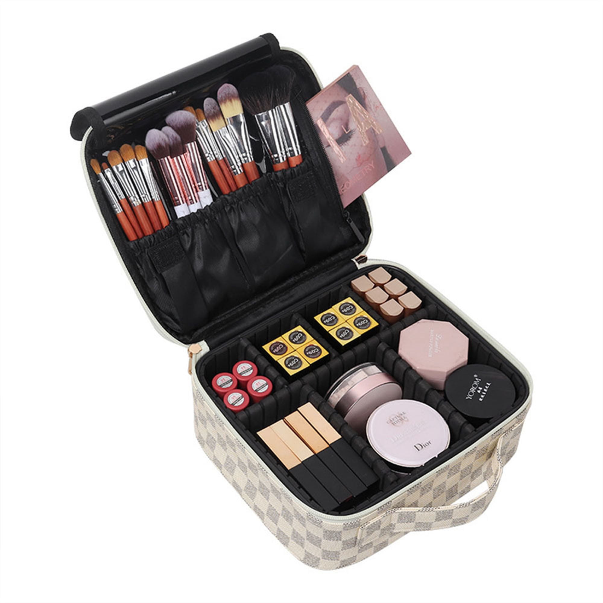 Fulier Travel Makeup Bag for Women Portable Checkered Cosmetic Bag Leather Toiletry Bag Make Up