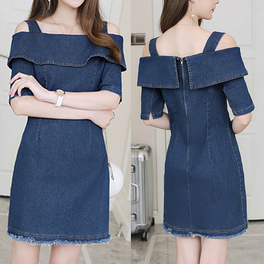 Fulijie Blue Jean Dresses For Women,Women Dresses,Sun Dresses Women On Clearance,Womens Dresses,Fashion Women Denim Loose Off Shoulder Short Sleeve Knee Length Camisole Dress