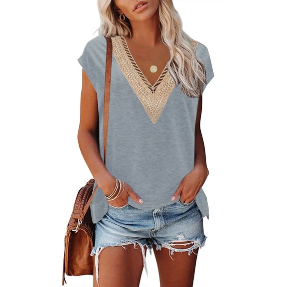 Fulijie Camisas De Vestir Para Mujer Negra,Womens Tops,Womens Cap Sleeve Summer Tops Trendy Tank Floral Print Lace V Neck Loose Fit Shirts