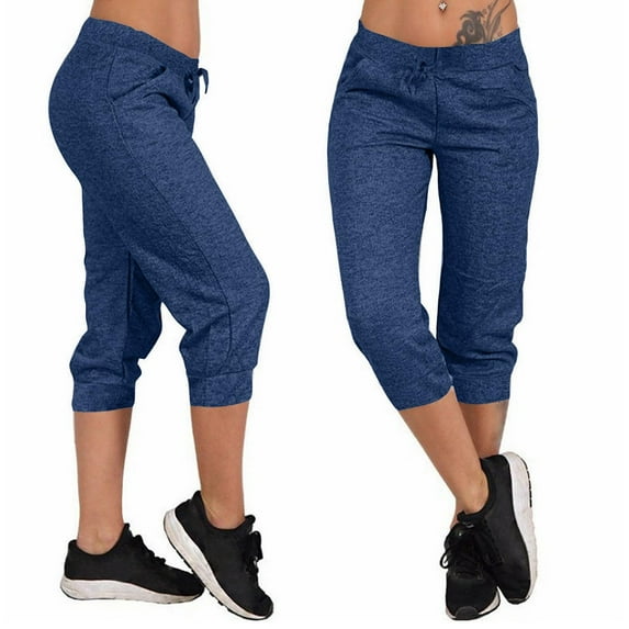 Fulijie Capri Pants for Women Summer Casual Capris High Waisted Pant Hiking Jogger Pants with Pocket Bottom Capri Pants, Blue Lounge Pants Women, Polyester,Spandex Petite Pants for Women