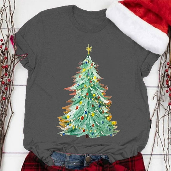 Fulijie Christmas Crew Neck Knitted Shirts for Women, Tops Snowflake Tops for Women, Gray Woman Plus Size Tops, Women's Christmas Print Round Neck Short Sleeve T Shirt Top