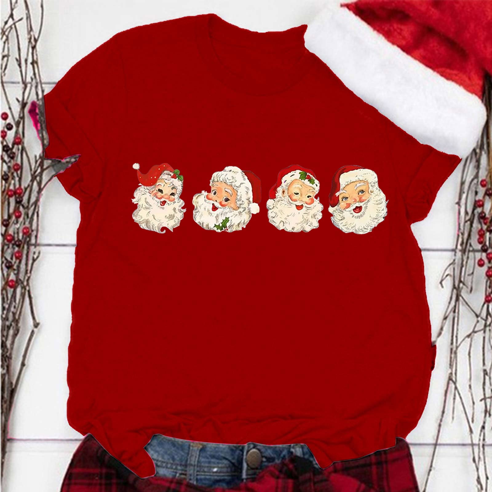 Fulijie Christmas Crew Neck Merry and Bright Shirt, Tops Short Sleeve Button, Red Suéter De Navidad Para Mujer, Women's Santa Print Round Neck Short Sleeve T Shirt Top