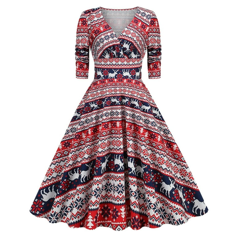 Fulijie Christmas Dinosaur Dress Retro Vintage Candy Cane Dress Red Snowflake Dress Women s Autumn And Winter Mid Length Sleeve Snowflake Stripe