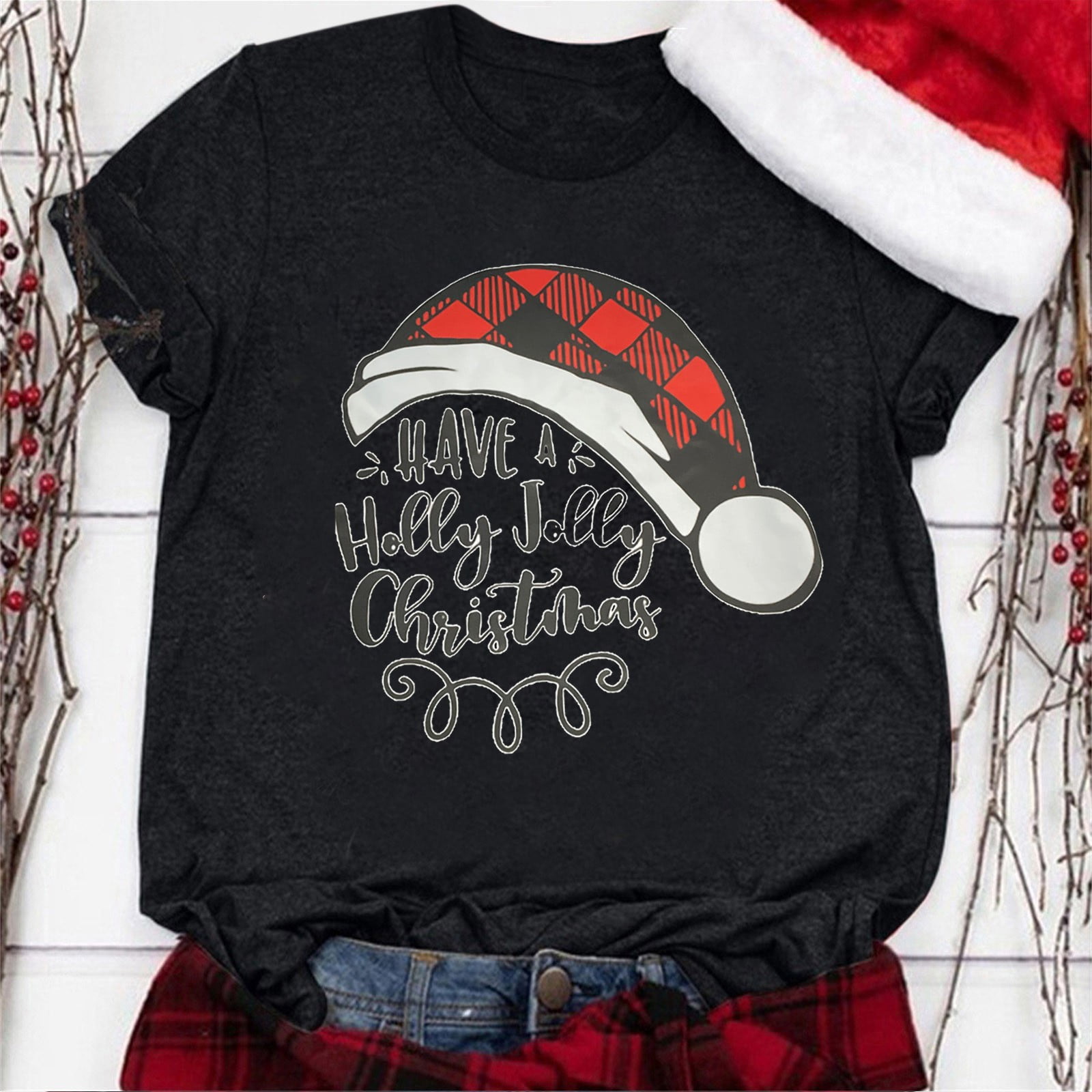Fulijie Christmas Ugly Christmas Tee Shirts Black Plus Size Christmas Sweater Women s Christmas Wine Glass Snowflake Snowman Print O Collar T Shirt Blouse Short Sleeve Walmart