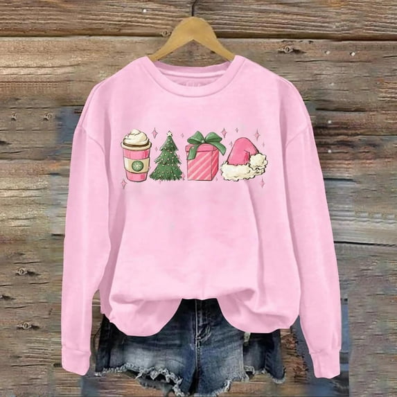Fulijie Christmas, Women's Solid Long Sleeve and Crew Neck Hoodless Sweatshirt, Graphic Sweatshirts, Sweatshirt for Women, Autumn/Winter Solid Color Loose Print Hoodie, Pink
