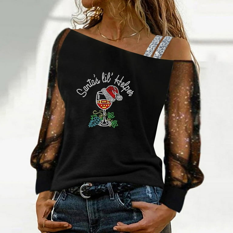Fulijie Christmas Women s Christmas Tops Sequin Christmas Shirt Women Blue Sparkly Christmas Tops for Wome Women s Casual Red Wine Glass Gradient Sequin Print Mesh Long Sleeve Spliced Top Walmart