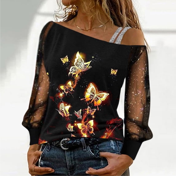 Fulijie Gold Sequin Top Blouse,Gold Blouse Tulle,Ladies Gold Tone Long Sleeve Blouse,Womens Tops,Women Casual Sequin Print Mesh Long Sleeve Cold Shoulder Loose Splice Blouse Tops Fashion Elegant Top