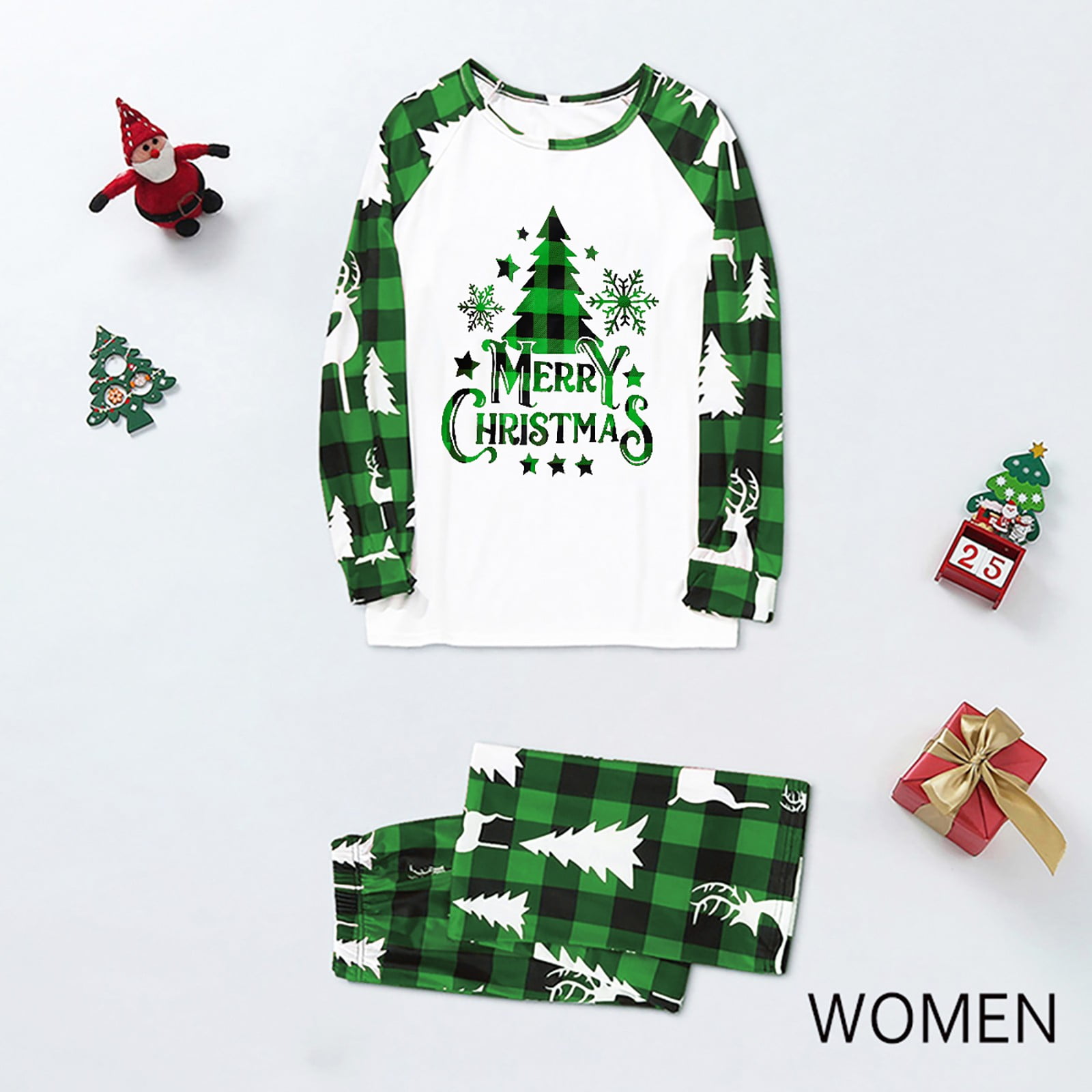 Fulijie Long Sleeve Christmas Pajamas, Green Christmas Shirts for Women
