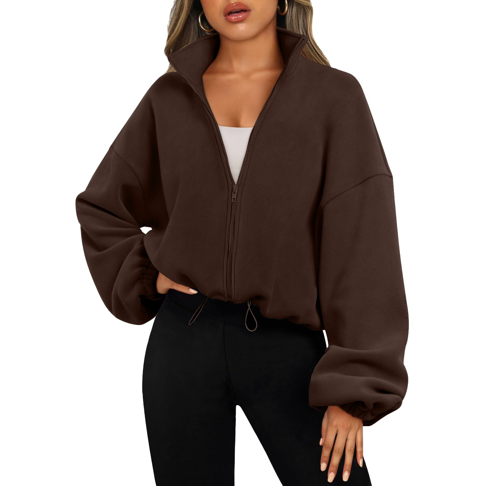 Fulijie Long Sleeve Womens Clothes Mock Neck Sweatshirt Women Cute Polyester Fall Outfits for Women 2079 Women s Full Zip Fleece Short Jacket Warm Winter Long Sleeve Stand Collar Crop Coat Walmart