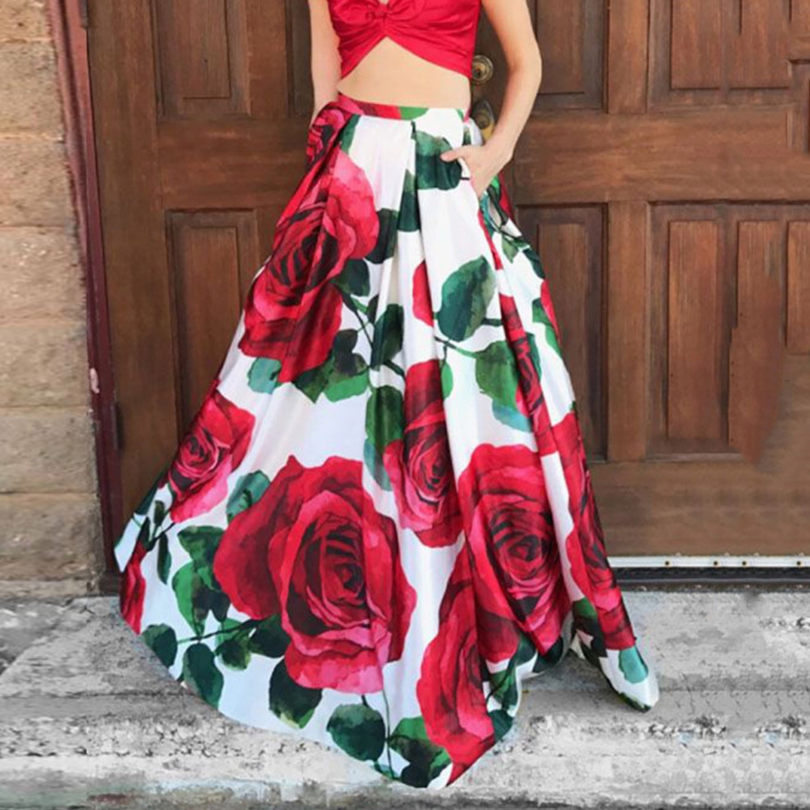 Fulijie Loose Plus Size Long Skirt Wide Swinging and Large Floral Prints Skirt with Pocket for Women s African Style Outfit Size S 2XL White