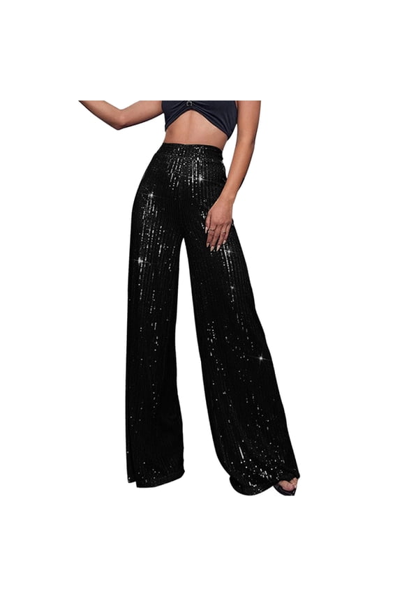 Mardi Gras, Solid Color High Waiste Wide Leg Sequin Plus Pants for Women, Size S-3XL, Big&Tall Black, Women's High Waisted Sequin Loose Drape Wide Leg Pants Fashion Casual Pants