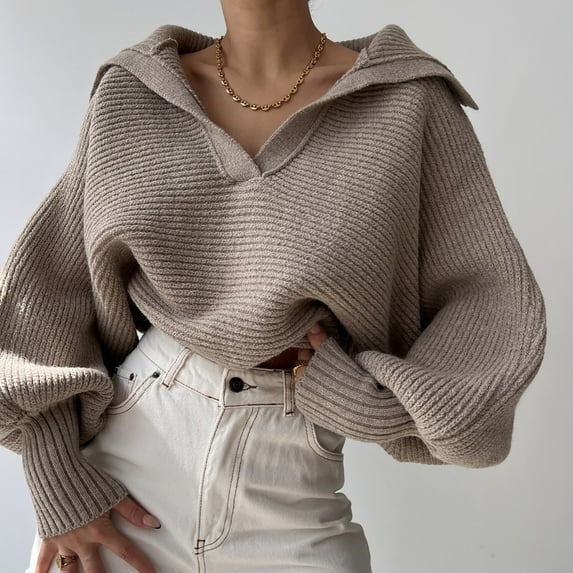 Fulijie Moshu V Neck Sweaters For Women Fall Lightweight Knit Pullover Sweater,Womens Sweaters,Women Long Sleeve V Neck Knitted Pullover Sweater Jumper Lapel Tops