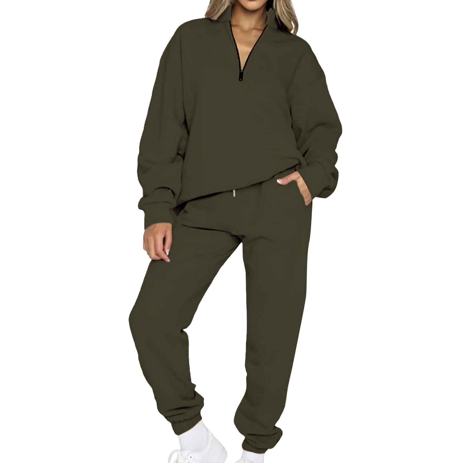 Fulijie Outfit Sets,Women's Zipper Pullover Long Sleeved Sweater Two