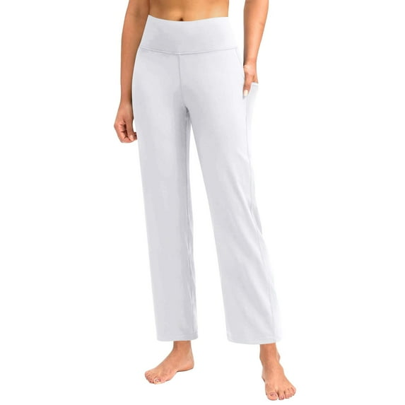 Fulijie Pants for Women Plus Size Casual Straight Leg Yoga Leggings Comfy Cropped Pants with Pocket, White Linen Set for Women, Polyester,Spandex Yoga Pants, Wide Leg Sweatpants Women