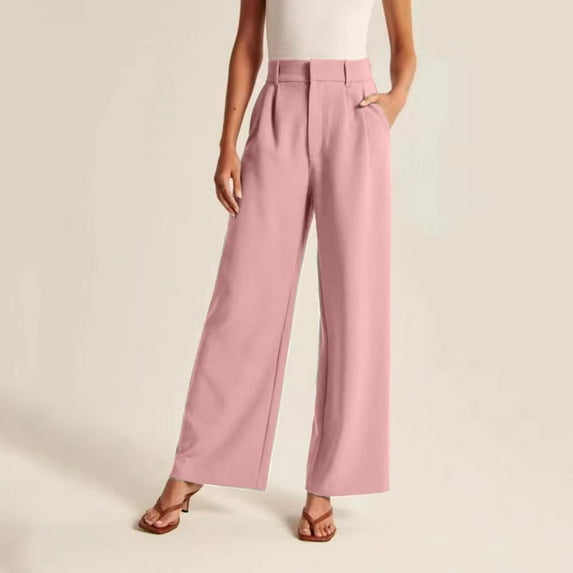 Fulijie Women's Solid Color Leisure Wide Leg Pant, Size S-5XL, Pink, Polyester, Women Wide Leg Pants for Women Work Business Casual High Waisted Dress Pants Flowy Trousers Office