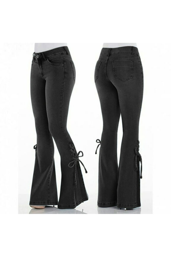Fulijie Solid Color Lace-up Stretch Denim Bell-bottom Jeans for Women, Size M-3XL, Big&Tall, Black, Black Pants for Women, Women's Mid-Waist Lace-Up Denim Trousers Stretch Jeans Flared Pants