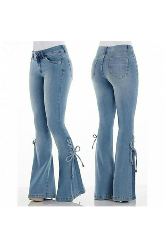 Fulijie Solid Color Lace-up Stretch Denim Bell-bottom Jeans for Women, Size M-3XL, Big&Tall, Blue, Women's Mid-Waist Lace-Up Denim Trousers Stretch Jeans Flared Pants