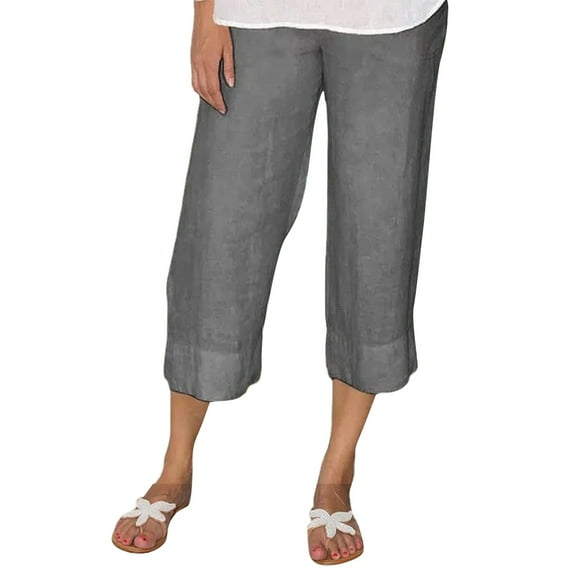 Fulijie Solid Color Leisure Plus Pants for Women, Size XS-6XL, Big&Tall, Gray, Women Fashion Solid Color Cotton Flax Elastic Long Pants Beach Leisure Trousers