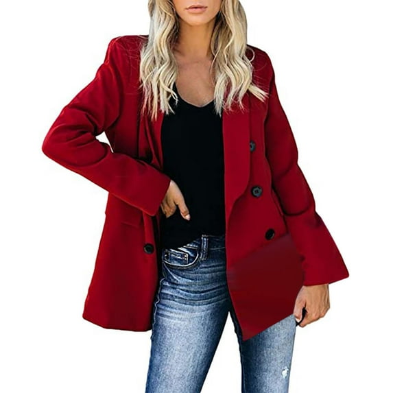 Fulijie Solid Color Long Sleeve Lapel Cover-Up Plus Coat for Women, Size S-3XL, Big&Tall Red, Women's Casual Light Weight Thin Jacket Slim Coat Long Sleeve Office Business Coats Jacket
