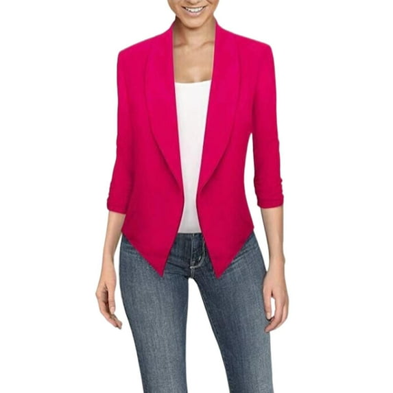 Fulijie Solid Color Long Sleeve Wide Neck Cover-Up Plus Coat for Women, Size S-5XL, Big&Tall Pink, Women's Office Solid Color Lapel Jacket Slim Fit Casual Shirt Irregular Hem Small Suit