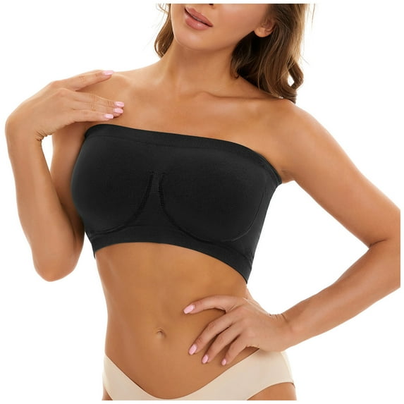 Fulijie Sports Bras For Women Plus Size Strapless Bra Bandeau Tube Padded Top Stretchy Yoga Fitness Bra Black