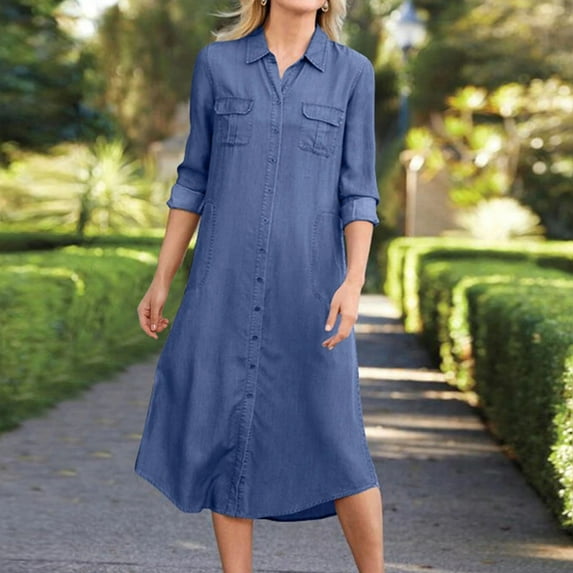 Fulijie Swing Dress for Women, Denim 3/4 Sleeve V-Neck Sexy Casual Dress for Women, Size S-2XL, Blue, Women's Denim Shirt Dresses Fashion Summer Sexy Loose Long Maxi Pleated Dress Cowboy Sundress