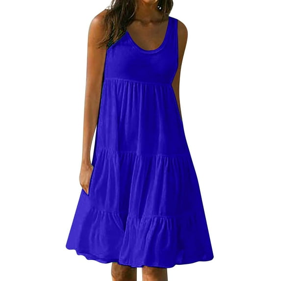 Fulijie Swing Dress for Women, Sand Sleeveless Round Neckline Beach dresses Casual Dress for Women, Size S-5XL, Big&Tall Blue, Women's Long High Waist Tied Solid Color Round Neck Dress
