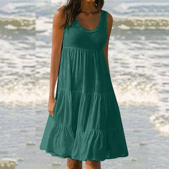 Fulijie Swing Dress for Women, Sand Sleeveless Round Neckline Beach dresses Casual Dress for Women, Size S-5XL, Big&Tall Green, Women's Long High Waist Tied Solid Color Round Neck Dress