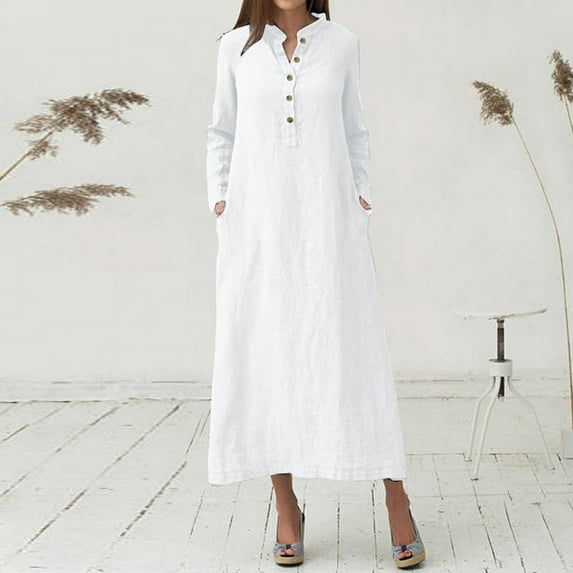 Fulijie Swing Dress for Women, Solid Color Long Sleeve Crew Neck Leisure Casual Dress for Women, Size M-3XL, Big&Tall White, Women Casual Dresses Fashion Round Button Up Midi Length Loose Dress