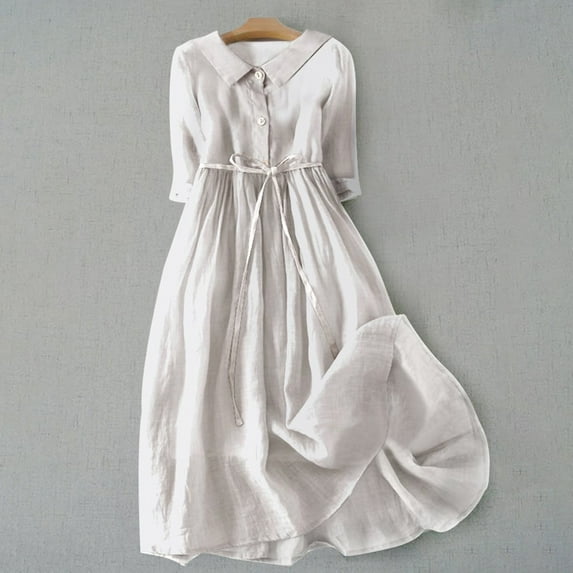 Fulijie Swing Dress for Women, Solid Color Sleeveless Lapel Vintage Casual Dress for Women, Size S-3XL, Big&Tall White, Women's Solid Color Vintage Lapel Button Cotton Long Casual Dress