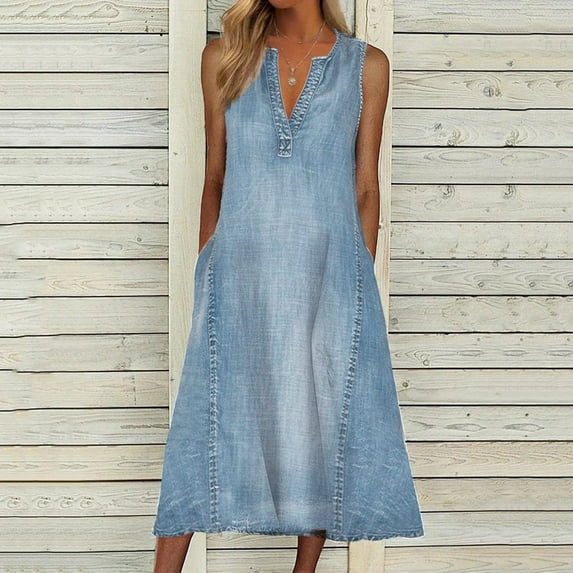 Fulijie Swing Dress for Women, Solid Color Sleeveless V-Neck Leisure Casual Dress for Women, Size S-3XL, Big&Tall Blue, Women Fashion Solid Dress V Neck Denim Dress Sleeveless Loose Holiday Dress