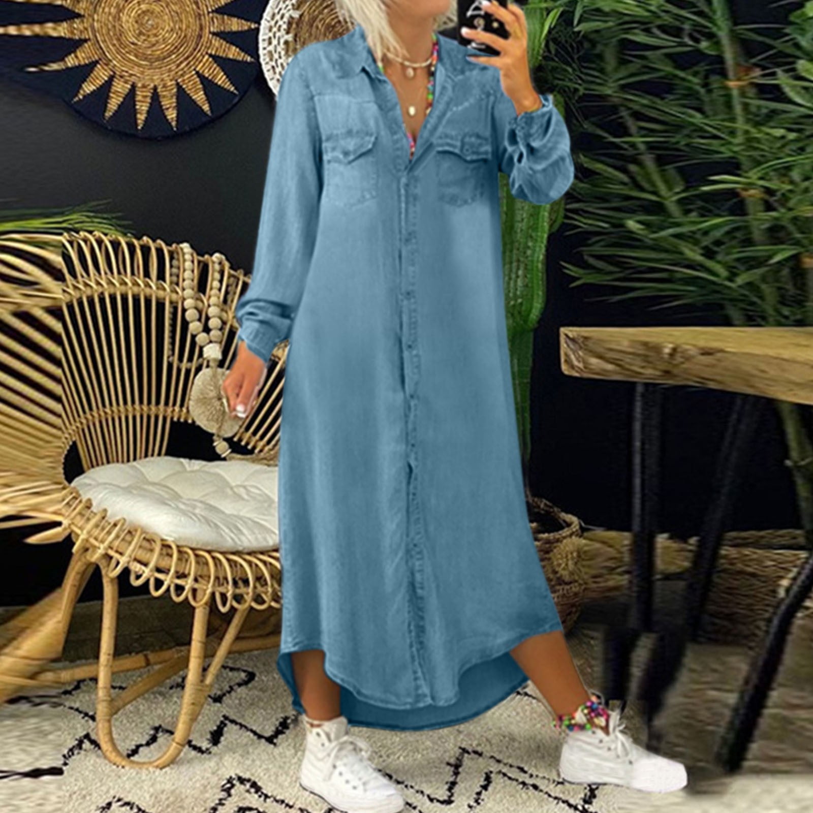 Fulijie Women Casual Solid Denim Dress V Neck Long Sleeve Button Pocket  Loose Long Dress Blue - Walmart.com