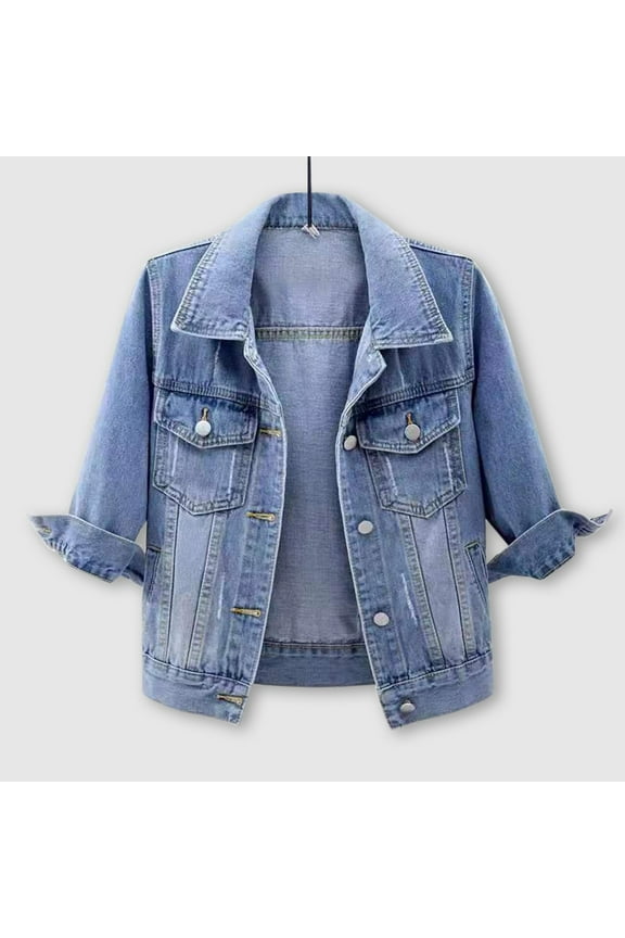 Women's 3/4 Sleeve Colored Cropped Denim Jacket Light Wash Jacket Coat Blue