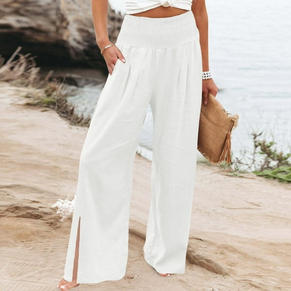 Fulijie Women's Floral Leisure High Waist Pant, Size S-2XL, Big&Tall, White, Polyester, High Waist Wide Leg Prints Pants for Women Smocked Elastic Waist Loose Comfy Split Casual Pants Pockets