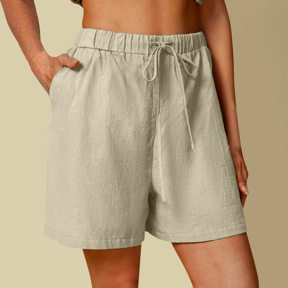 Fulijie Women's Solid Color Leisure Casual Pants, Size S-2XL, Big&Tall, Beige, Cotton Waist Women Elastic Summer Womens Casual Shorts Shorts and High Solid Waist Women's Shorts