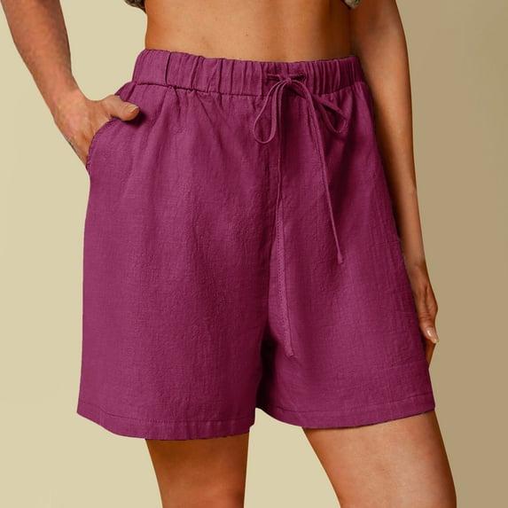 Fulijie Women's Solid Color Leisure Casual Pants, Size S-2XL, Big&Tall, Purple, Cotton Waist Women Elastic Summer Womens Casual Shorts Shorts and High Solid Waist Women's Shorts