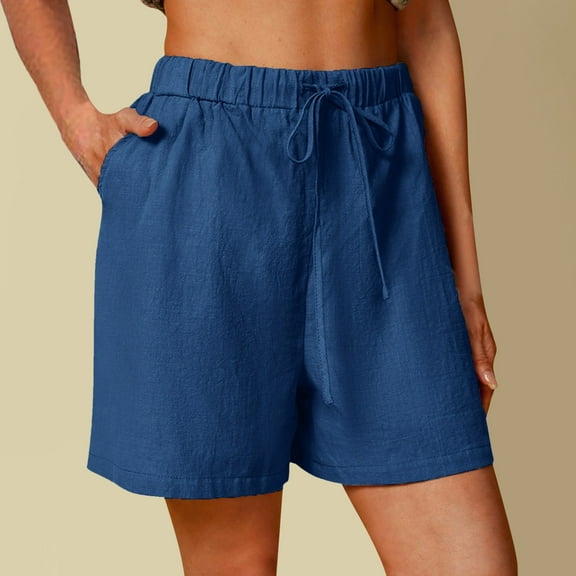 Fulijie Women's Solid Color Leisure Shorts, Size S-2XL, Big&Tall, Blue, Women Casual Solid High Waist Cotton and Linen Shorts Womens Elastic Waist Summer Shorts