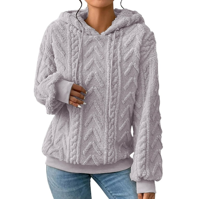 Fulijie Women s Solid Color Long Sleeve Hooded Neck Layered Look Hoodies Sweatshirts Size S 5XL Big Tall Gray Women s Solid Plush Spliced Thickened Jacquard Long Sleeve Sweater Coat Top Walmart