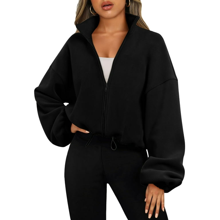 Fulijie Women s Solid Color Long Sleeve Mock Neck Cover Up Hoodless Sweatshirt Size S 2XL Black Women s Full Zip Fleece Short Jacket Warm Winter Long Sleeve Stand Collar Crop Coat Walmart