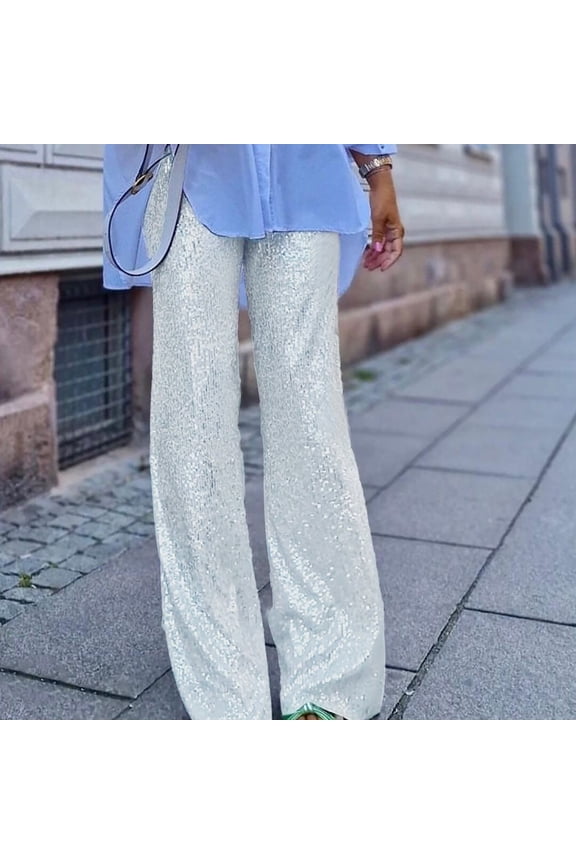 Women's Solid Color Sequins Fashion Casual Straight Pants, Sequin Flowy Pants for Women, Sequin Petite Pants for Women, Size S-L