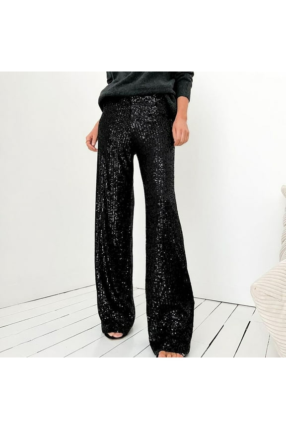 Women's Solid Color Sequins Fashion Casual Straight Pants, Sequin Yoga Pants with Pockets for Women, Sequin Flowy Pants for Women, Size S-L