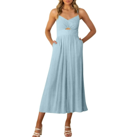 Fulijie Women's Solid Color Short Sleeves V Neck Leisure Jumpsuit, Size S-2XL, Big&Tall, Gray, Women Summer Casual Solid Color Hollow Spaghetti Strap Sleeveless Pocket Wide Leg Jumpsuit